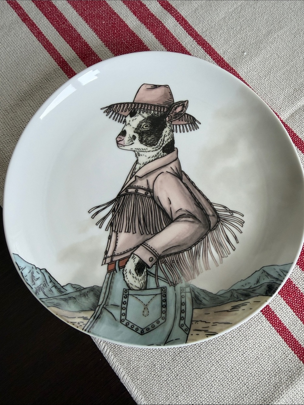 West Elm Rachel Kozlowski White Ceramic Plate - cowboy cow